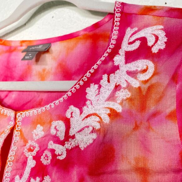 J Jill Top Women Medium Tie Dye Beaded Embroidered Shirt Blouse Bright Colorful - Picture 3 of 11